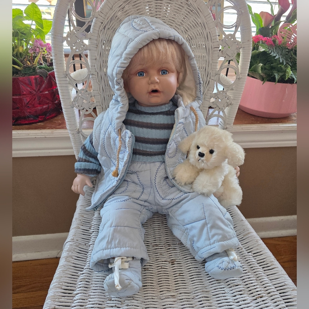 Cathay Collection Lifelike Weighted Doll Quilted Outfit and Plush Dog Vintage
